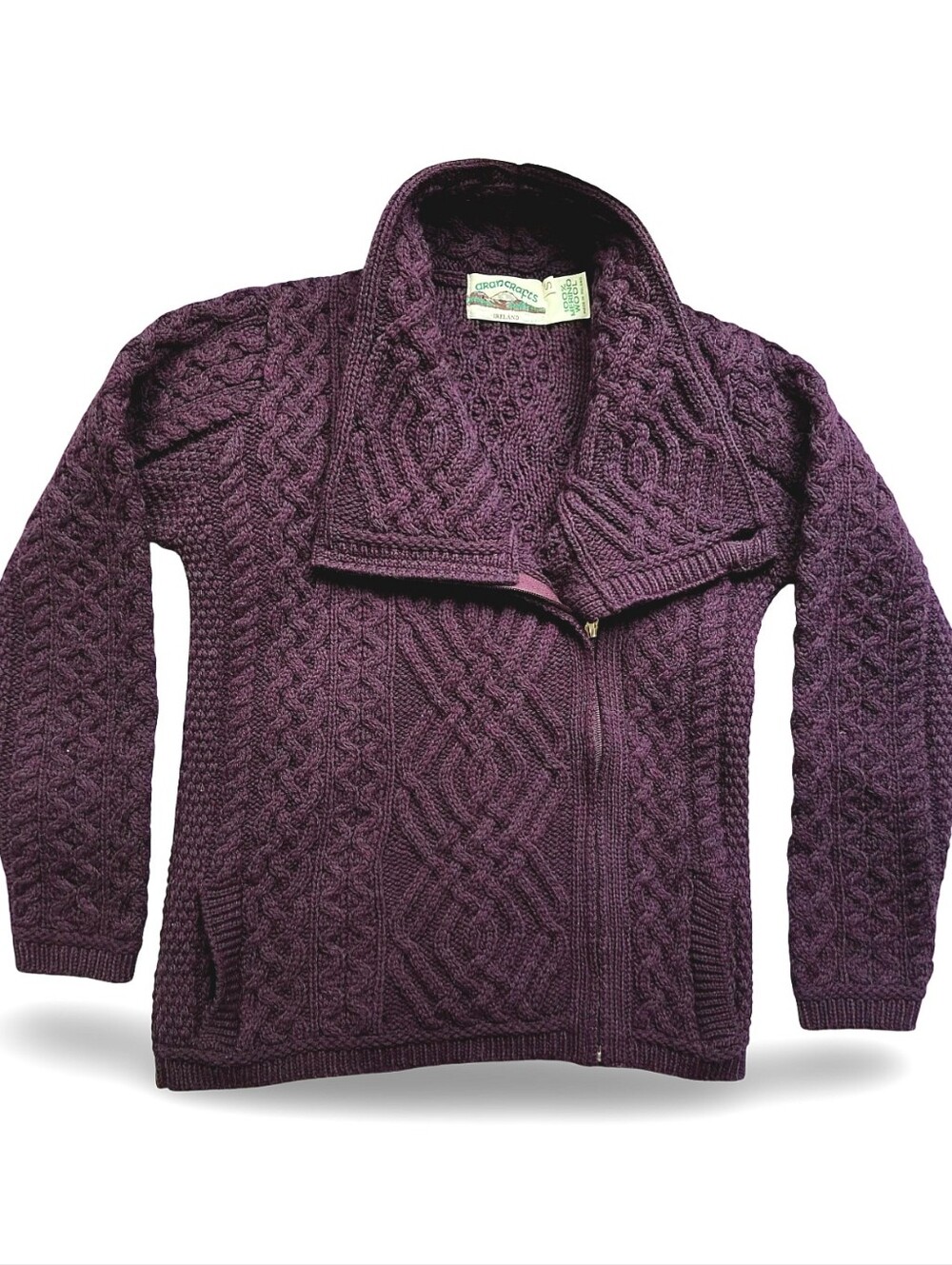 Aran Crafts 100% Merino Wool Cable-Knit Side-Zip Cardigan Small Wine Berry EUC